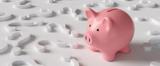 A piggy bank surrounded by question marks