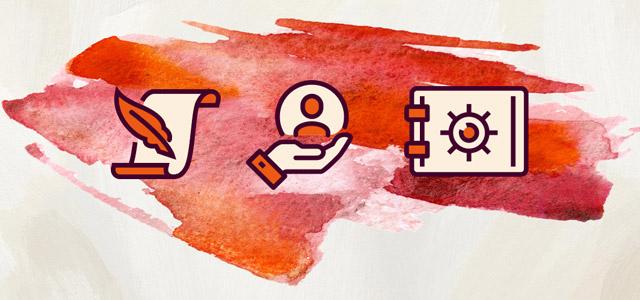 Icons side-by-side: parchment with feather quill, hand holding a person icon, and secure vault over a red watercolor background